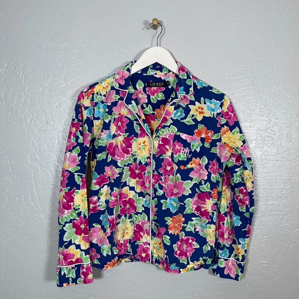 Lauren Ralph Lauren Women S Pink Blue Floral Pajama Set Cotton Button Front - Picture 2 of 13